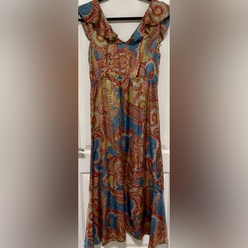 Lapis Midi Dress Boho‎ Paisley Ruffle Cottagecore Festival Silky Y2K Romantic M - Picture 3 of 11
